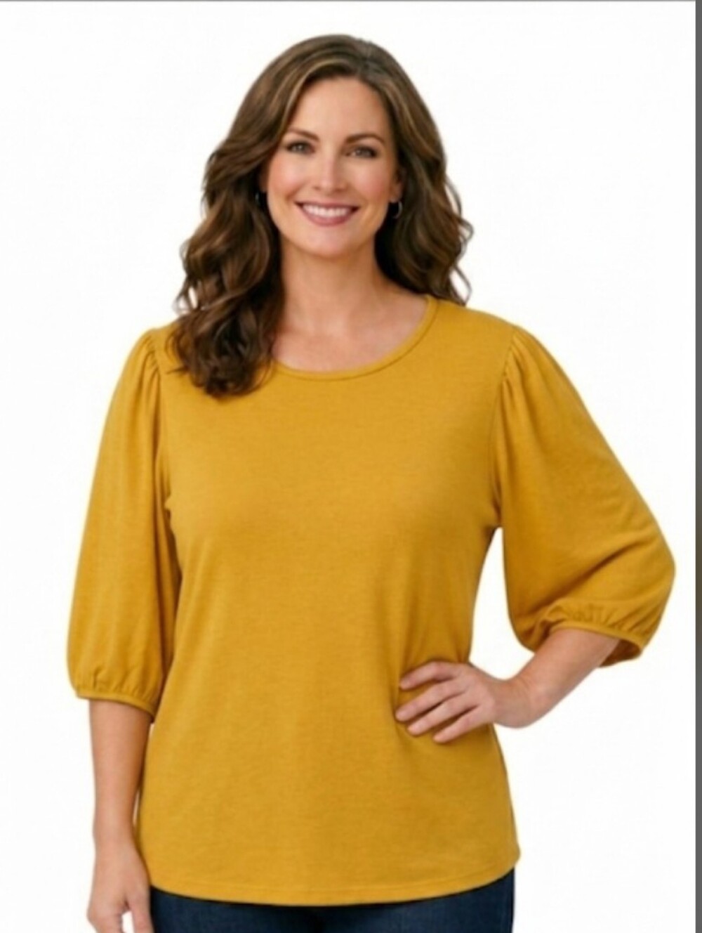 ✨"Point Sur" Very Pretty Gold Flutter‑Sleeve Gold Jersey Top (Size L) ✨